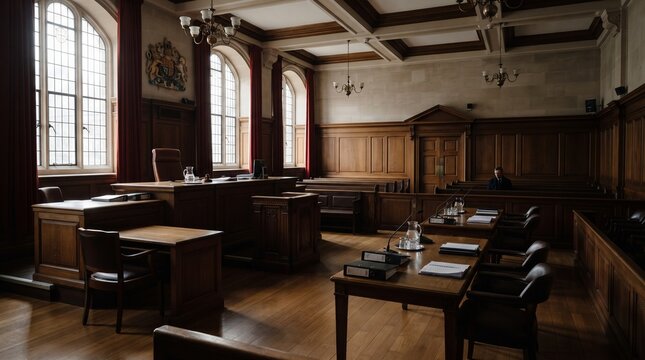 Empty Traditional Wooden Court Room, Formal Bench and Jury Box for Criminal Justice System