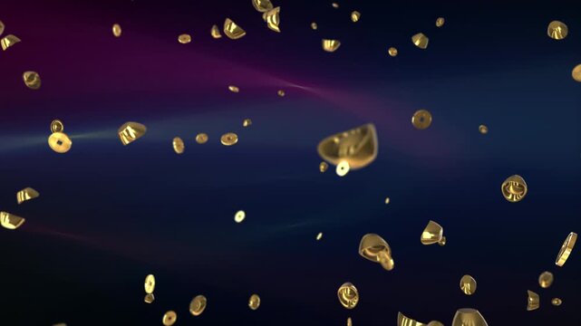 Golden bowl shapes tumble through a dark space characterized by intense light streaks and numerous floating particles.