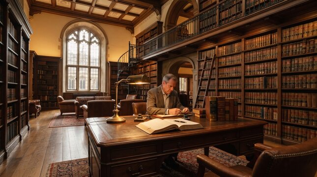 Senior Lawyer Working in Classic Law Library, Vintage Law Court Firm Office, Justice System Attorney Asset