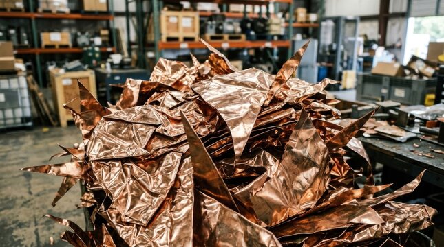 Close-up of crumpled copper foil with shiny metallic Scrap metal pile, and other types