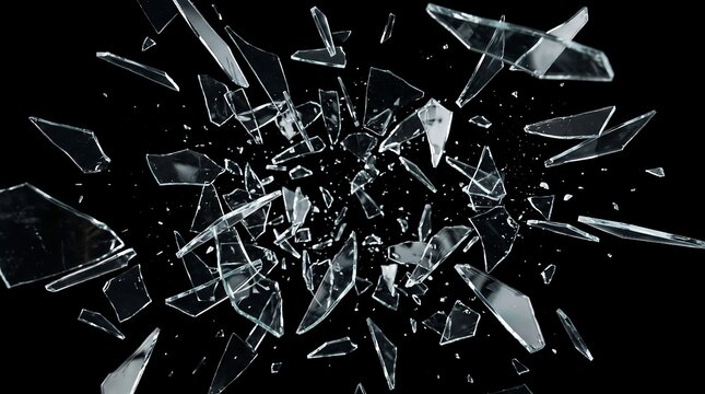 Sharp Broken Glass Shards Exploding and Flying Through the Air on Black Background