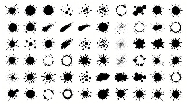 Set of black ink splatters and paint blot elements featuring grunge brush strokes, spray texture icons, liquid stains, messy drip shapes, organic artistic blobs, and decorative inkwell stains.