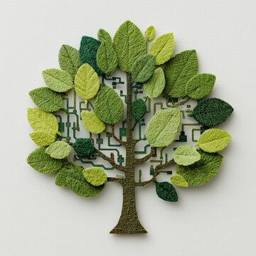 Stylized eco green tree with electronic circuit branches and layered leaves representing green computing, 그린 컴퓨팅을 나타내는 전자 회로 가지와 레이어드 나뭇잎의 스타일리시 에코 녹색 나무