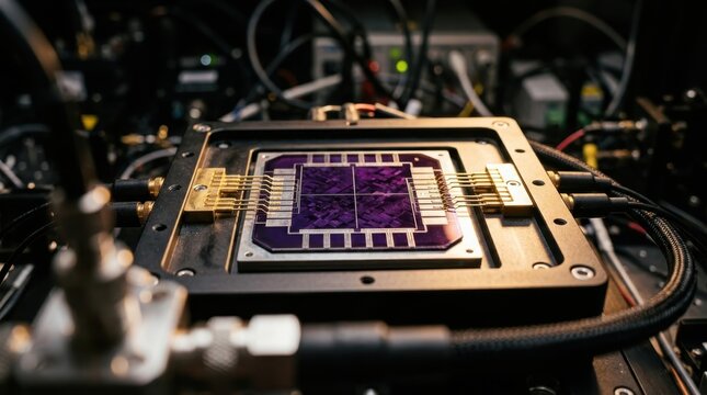 Quantum computer processor chip in cryogenic laboratory setup