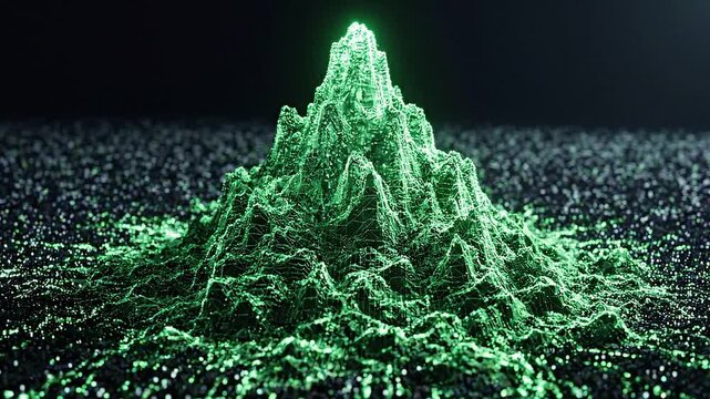 Abstract digital mountain landscape formed by glowing green particles and data nodes