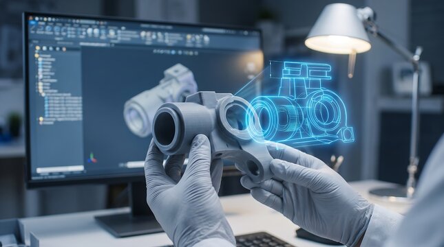 Hands Holding 3D Printed Mechanical Part with Blue Digital CAD Hologram Concept