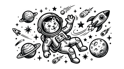 Vintage astronaut cat in space vector, retro hand drawn kitten cosmonaut, celestial galaxy background with planets and rockets © Saad