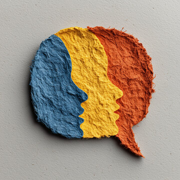 Textured paper cut profile silhouettes inside speech bubble communication concept, 질감 있는 종이 커팅 두 사람의 프로필 말풍선 대화 개념