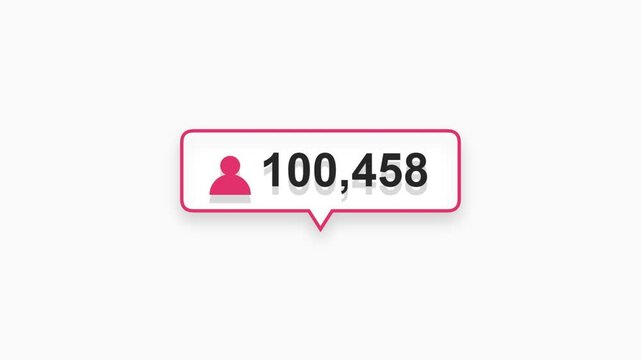 Social media follower counter animation with pink notification bubble