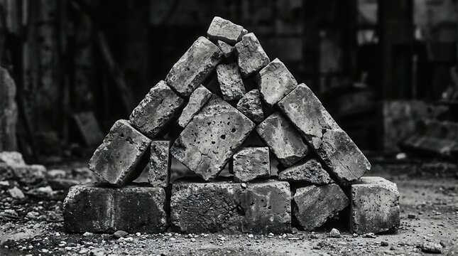 Close-up view of assorted concrete blocks arranged in Stylized architecture with acute angles beneath