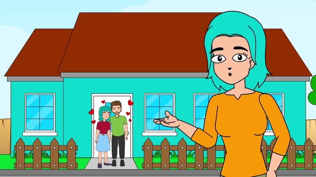 2D animation of a young woman walking in front of a residential house while a romantic couple stands at the doorway