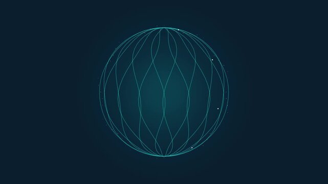 Centered teal grid sphere with geometric pattern on dark blue background