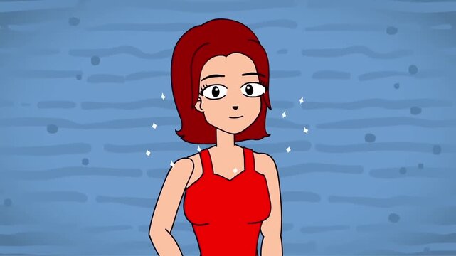 2D animation portrait of a young woman with red hair wearing a red top standing confident against blue background