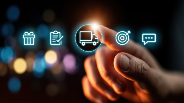Finger touching delivery truck icon among logistics icons, ecommerce supply chain shipping service concept on bokeh background