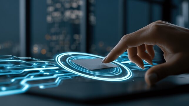 Hand placing microchip card on glowing digital circuit surface, contactless payment and data processing technology concept