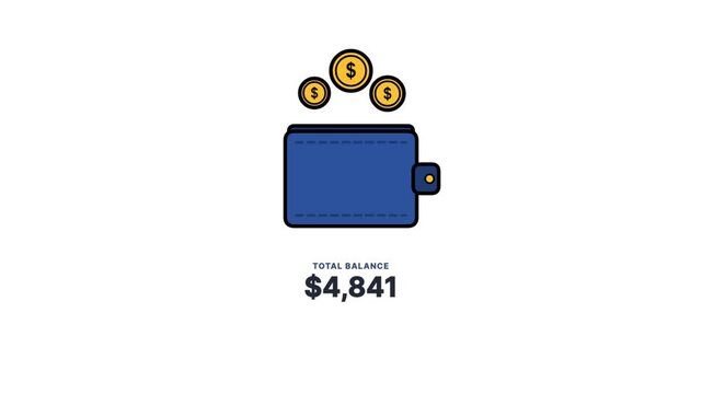 Blue wallet with falling gold coins and digital balance display