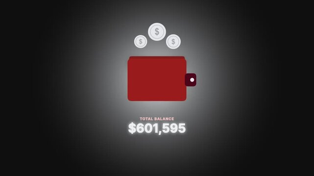 Red wallet animation with growing total balance and floating coins