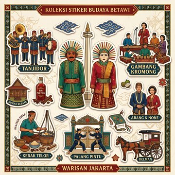 Cultural stickers depicting Betawi heritage showcase traditional music, landmarks, and customs from Jakarta.