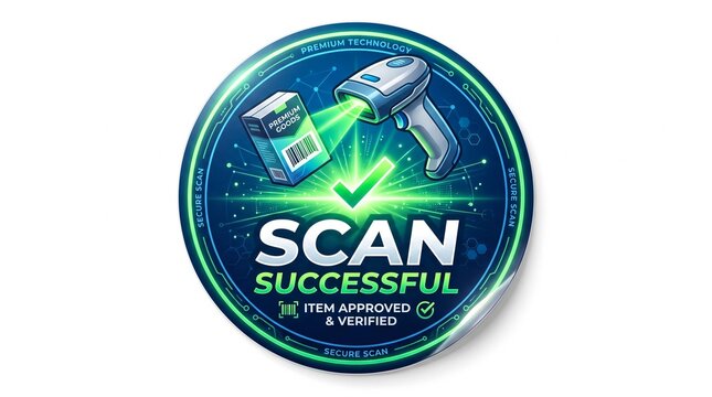 Digital badge for successful barcode scan concept with handheld reader and verified item status
