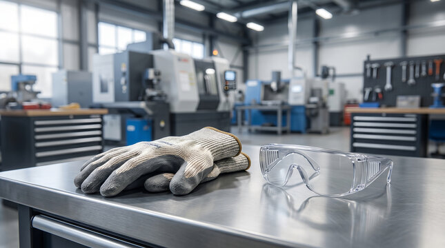 Work safety gloves and clear protective glasses, resting side by side, prepared on metal workbench, inside modern factory workshop, industrial photography
