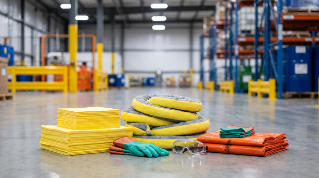 Hazardous spill response kit with yellow absorbent pads, containment sock safety goggles and gloves, resting on concrete floor, industrial warehouse interior, industrial photography