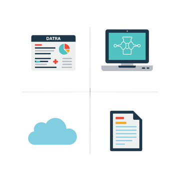 Data management, cloud computing, and digital information technology icons.