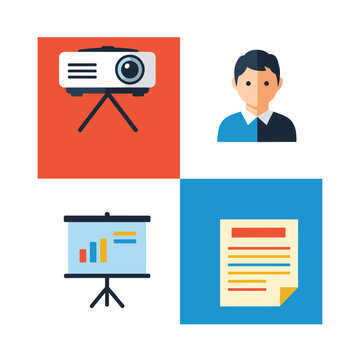 Icons representing business presentation, projector, screen, document, and presenter.
