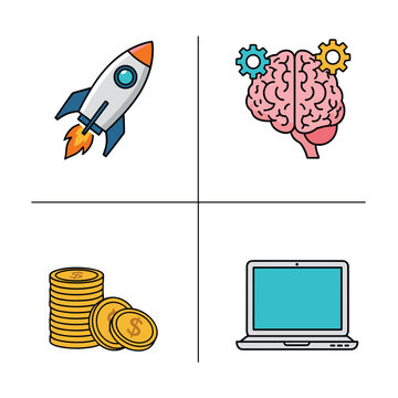 Business, Technology, and Innovation Concepts - Rocket, Brain, Money, and Laptop Icons.