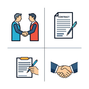 Business agreement and partnership concepts with handshakes and contracts.