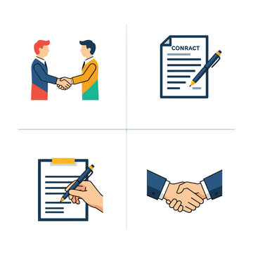 Business agreement and partnership concept with handshake and contract signing.