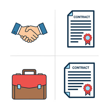 Business agreement icons - handshake, contract documents, and briefcase for professional deals.