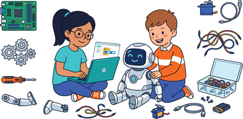Children Learning Robotics and Coding Vector Illustration Featuring Kids Programming Smart Robot and Assembling Electronics Components Set