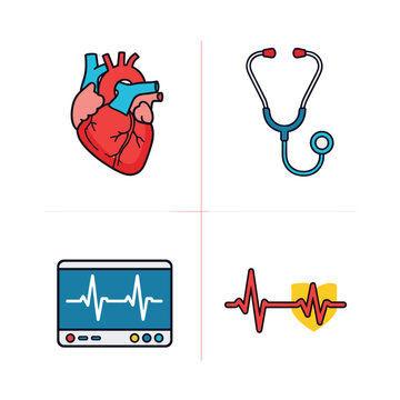 Medical Icons Set Heartbeat Stethoscope ECG Monitor and Heart Rhythm.