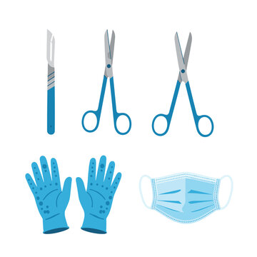 Medical Tools and Protective Gear - Scalpel, Scissors, Gloves, and Mask.