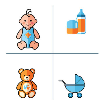 Adorable baby, feeding bottles, teddy bear, and stroller icons for childhood essentials.