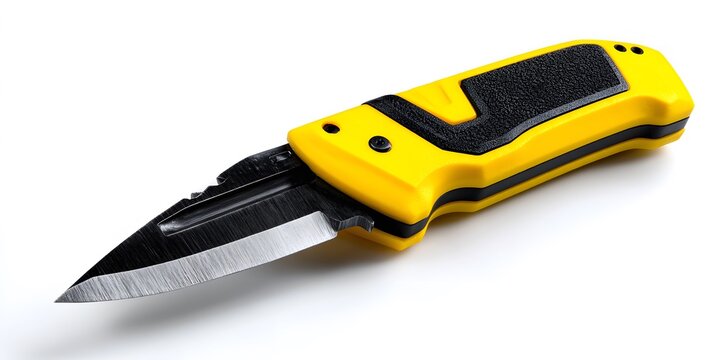 Yellow and black folding utility knife with sharp blade on white background.