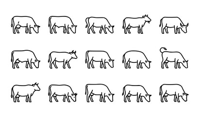 Farm Cow Outline Vector Icons Collection Featuring Standing Cattle in Multiple Simple Hand Drawn Poses © Keyapayal