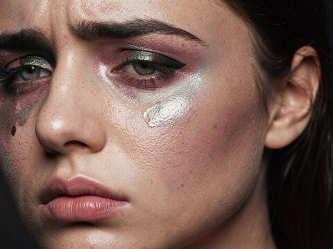 Tearful Beauty: A striking portrait of a young woman with smudged makeup and a tear tracing down her cheek, conveying a sense of deep sorrow and vulnerability.