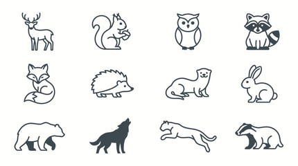 Fototapeta premium Collection of Forest Animal Icons in Simple Outline Style.