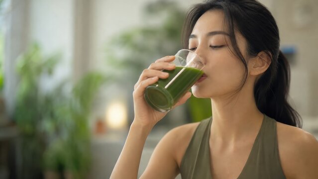 young woman deep breathing, mindful relaxation at home, stress relief breathing exercise, wellness lifestyle in modern kitchen, self care morning routine, calm female, serenity, mindfulness, meditatio