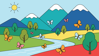 Obraz premium Beautiful mountain landscape scene with a winding river, green trees, and colorful butterflies flying under a bright sun.