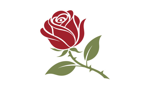 Single beautiful red rose with a long green stem and leaves isolated on a plain white background in a classic vector style.