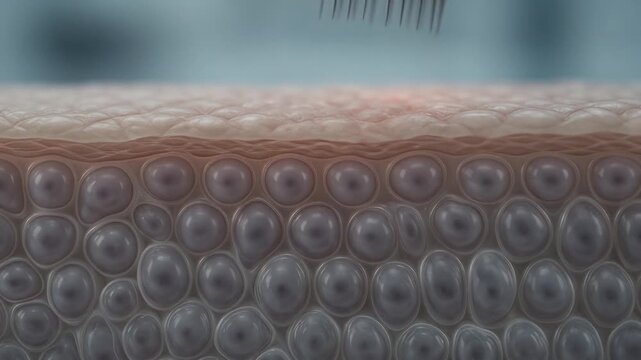 Red cosmetic microneedling device penetrating glowing skin layers in close up view, futuristic dermatology treatment, anti aging skincare technology, beauty science concept.