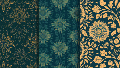 Three seamless botanical patterns in teal and gold, featuring intricate floral designs and leafy motifs. © abi