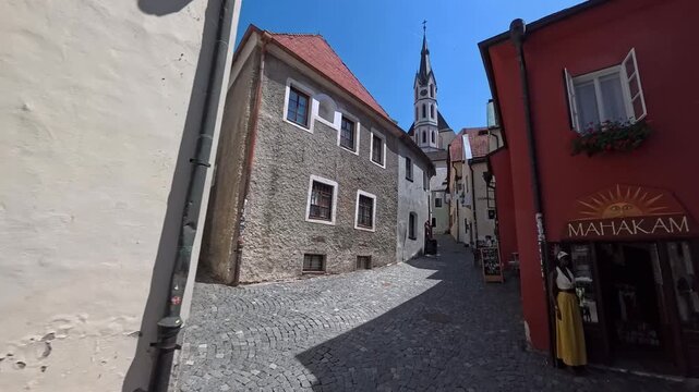 POV walking shot through narrow cobblestone streets of Cesky Krumlov history