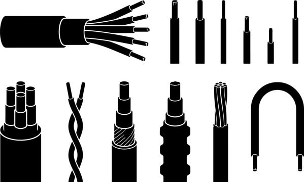 Electrical cable silhouette icon set with multi‑core, twisted pair, shielded, armored, stranded, and flexible wire designs