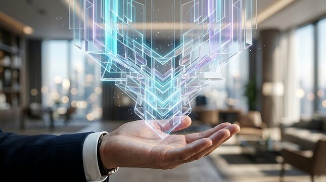 Man holding glowing hologram cube floating above palm hand light blue office suit wrist watch finger technology future.