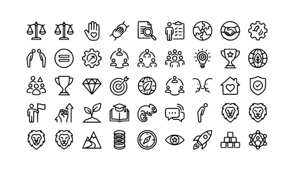 Core values and corporate ethics minimalist vector line icon set
