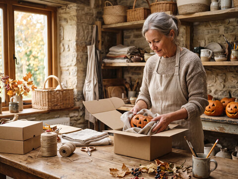 Mature female small business owner carefully packing a handcrafted Halloween pumpkin decoration into a shipping box inside a cozy rustic workshop. Warm autumn atmosphere, artisan craftsmanship, e-comm