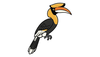 Obraz premium Side view illustration of a Great Hornbill bird with its characteristic large yellow beak and black plumage against a white background.